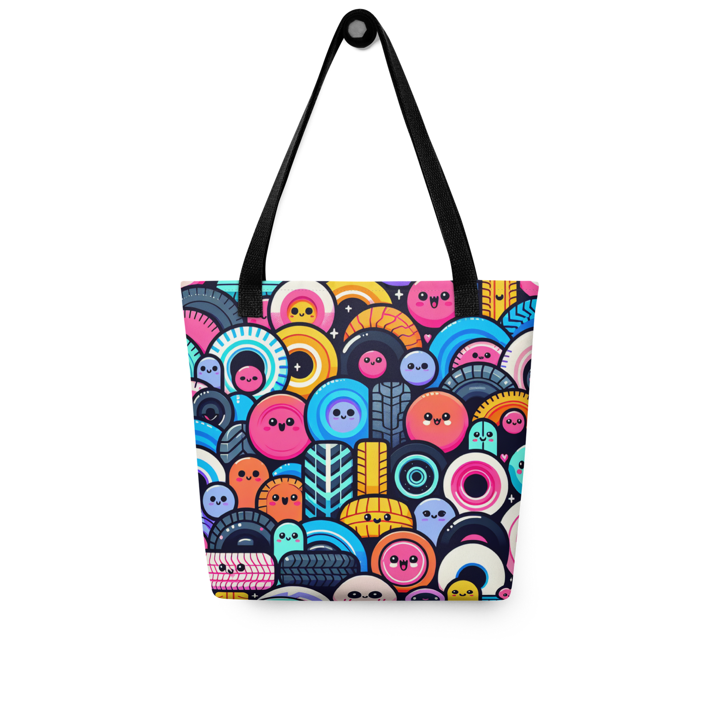 All Over Stoffbeutel mit bunten Reifen mit Gesichtern bedruckt und schwarzen Hänkeln