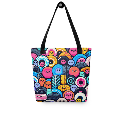 All Over Stoffbeutel mit bunten Reifen mit Gesichtern bedruckt und schwarzen Hänkeln