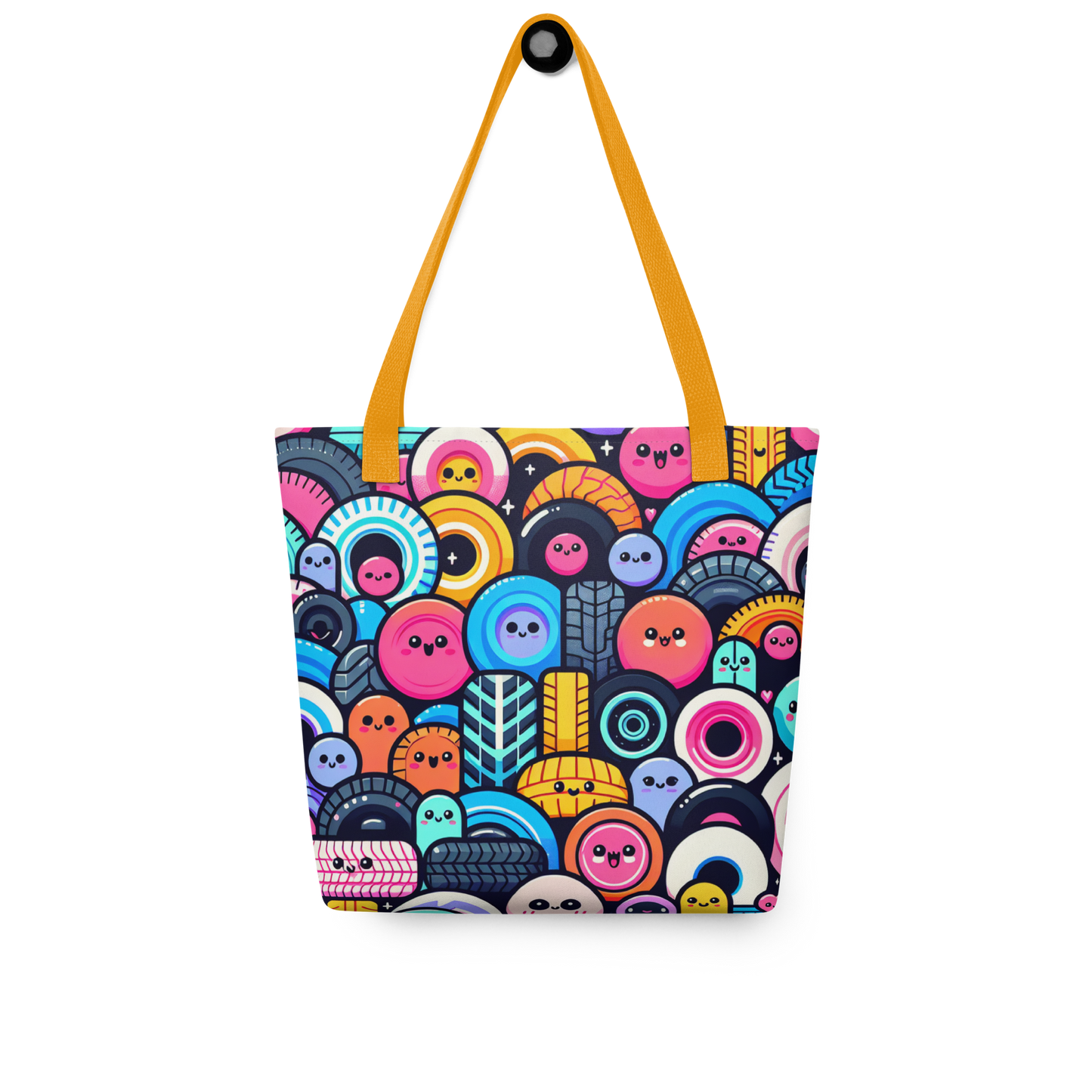 All Over Stoffbeutel mit bunten Reifen mit Gesichtern bedruckt und gelben Hänkeln