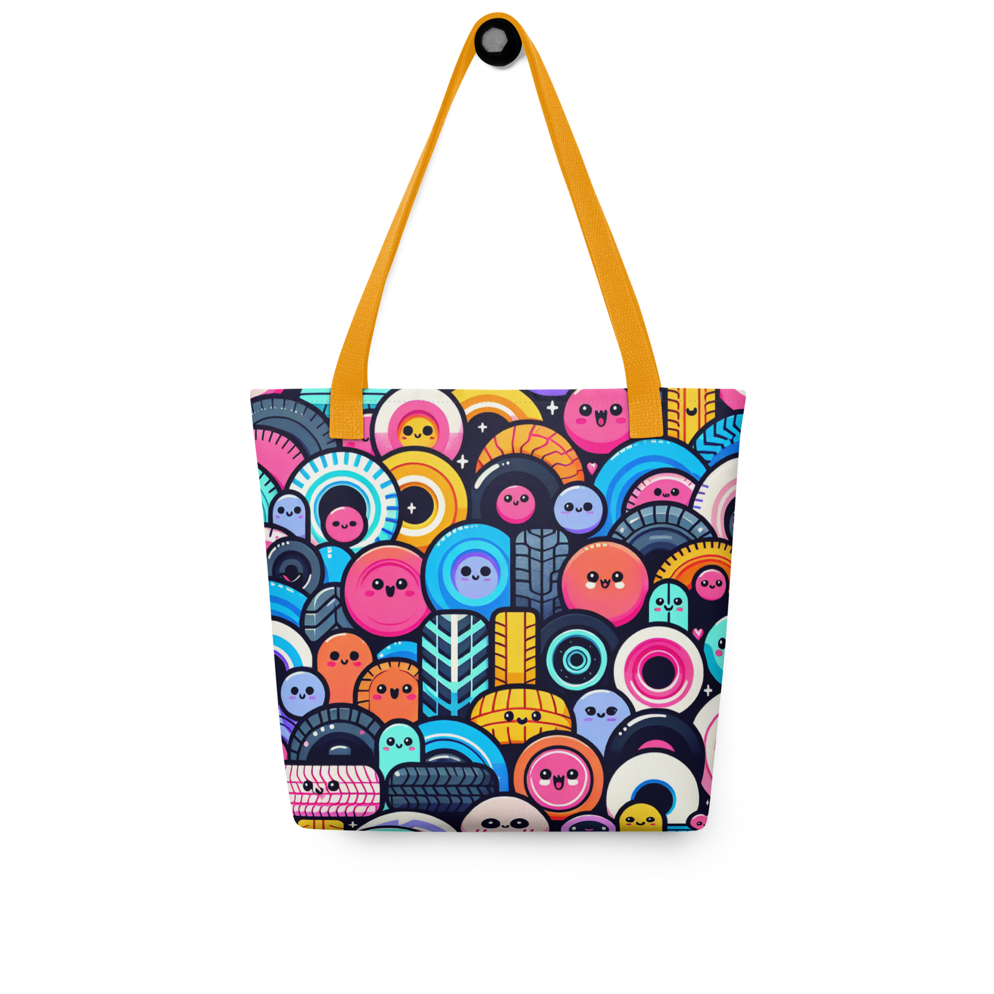 All Over Stoffbeutel mit bunten Reifen mit Gesichtern bedruckt und gelben Hänkeln