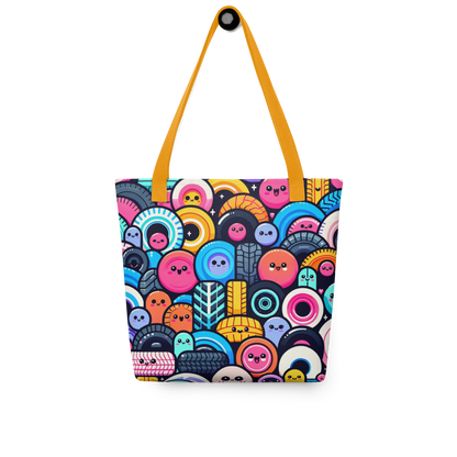 All Over Stoffbeutel mit bunten Reifen mit Gesichtern bedruckt und gelben Hänkeln