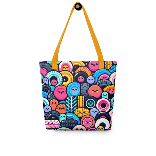 All Over Stoffbeutel mit bunten Reifen mit Gesichtern bedruckt und gelben Hänkeln