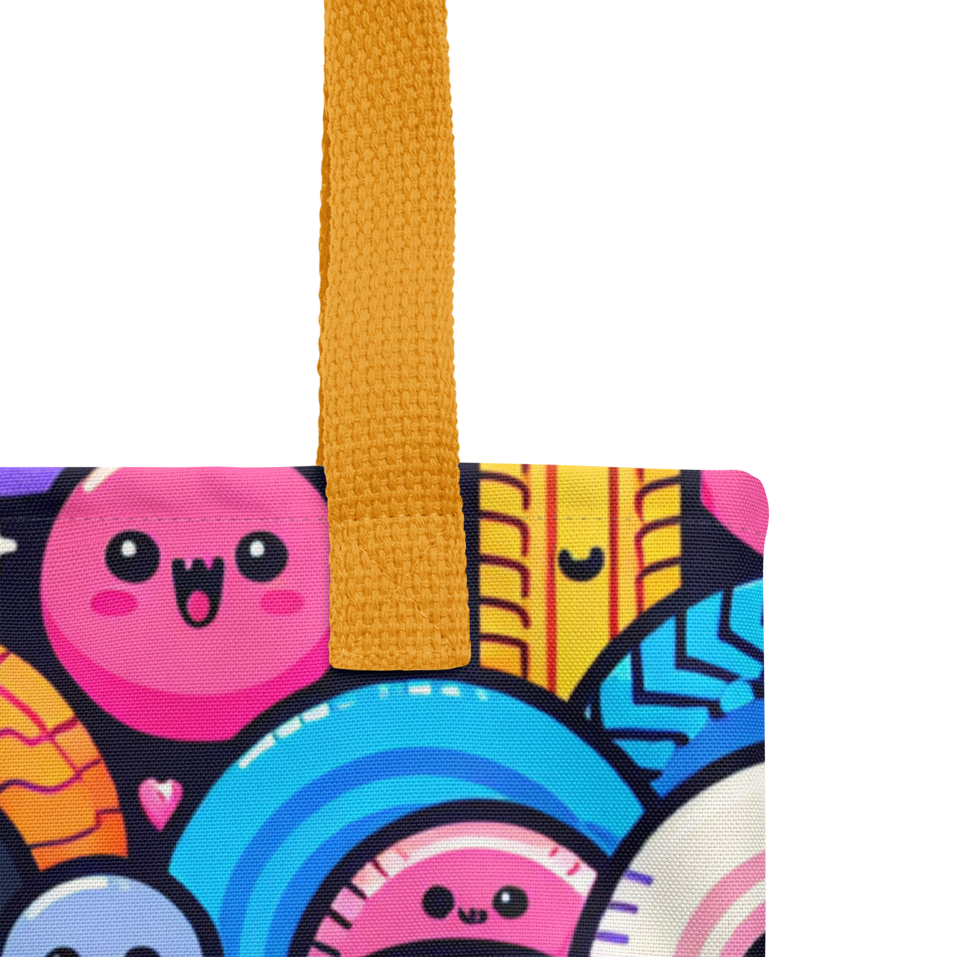 Nahaufnahme Over Stoffbeutel mit bunten Reifen mit Gesichtern bedruckt und gelben Hänkeln