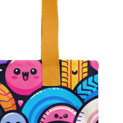 Nahaufnahme Over Stoffbeutel mit bunten Reifen mit Gesichtern bedruckt und gelben Hänkeln