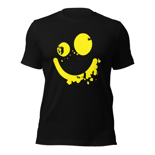 Schwarzes Unisex T-Shirt mit gelbem minimalistischem Smiley Brustprint