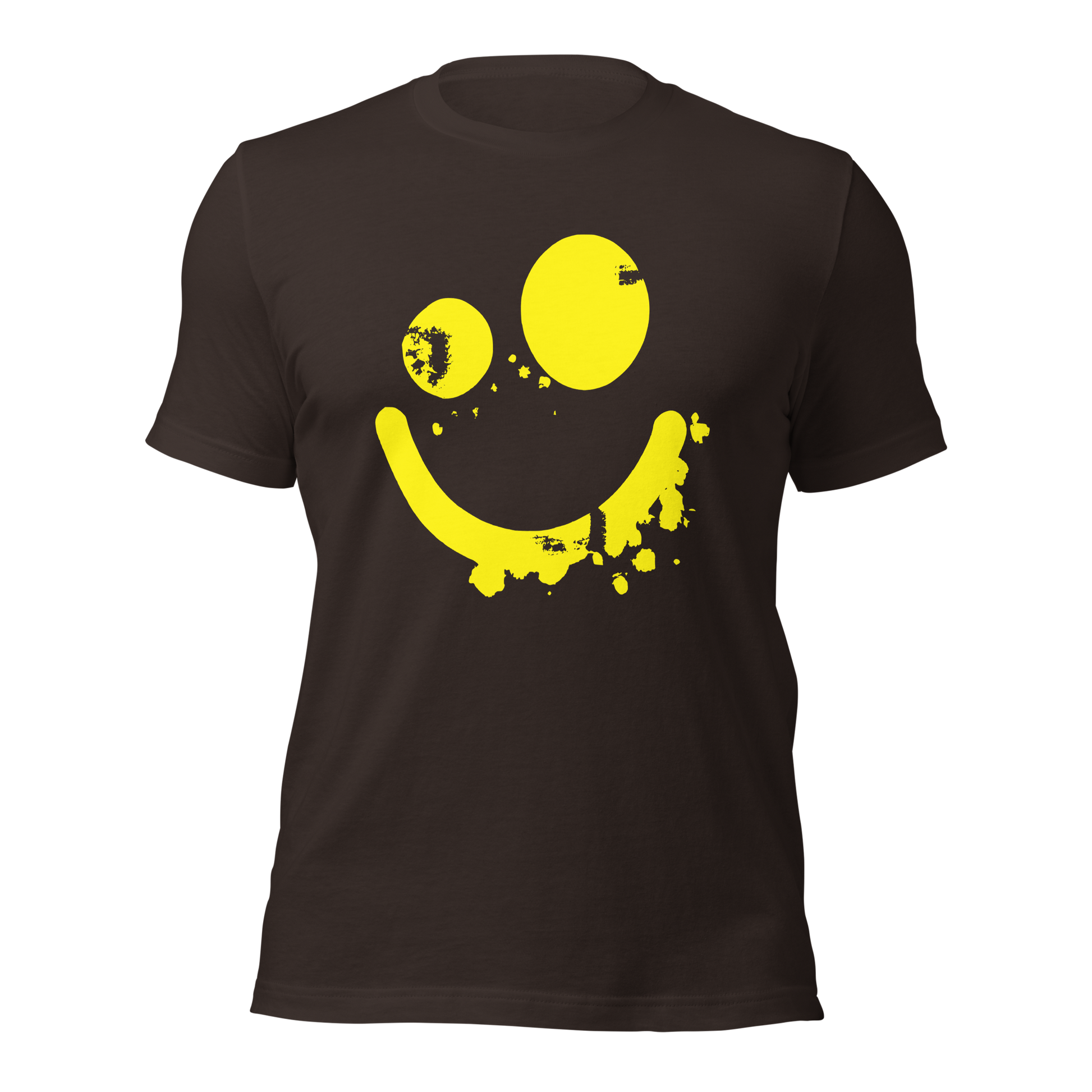 Braunes Unisex T-Shirt mit gelbem minimalistischem Smiley Brustprint