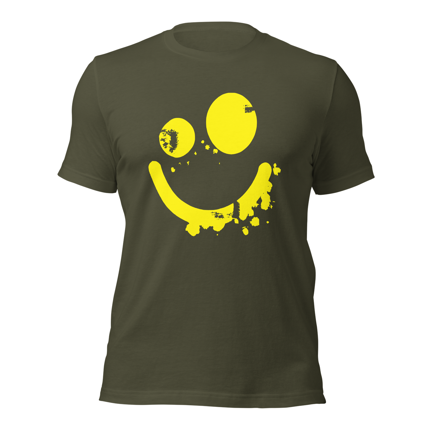 Militärgrünes Unisex T-Shirt mit gelbem minimalistischem Smiley Brustprint
