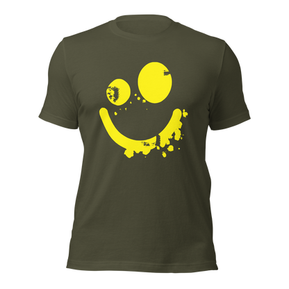 Militärgrünes Unisex T-Shirt mit gelbem minimalistischem Smiley Brustprint