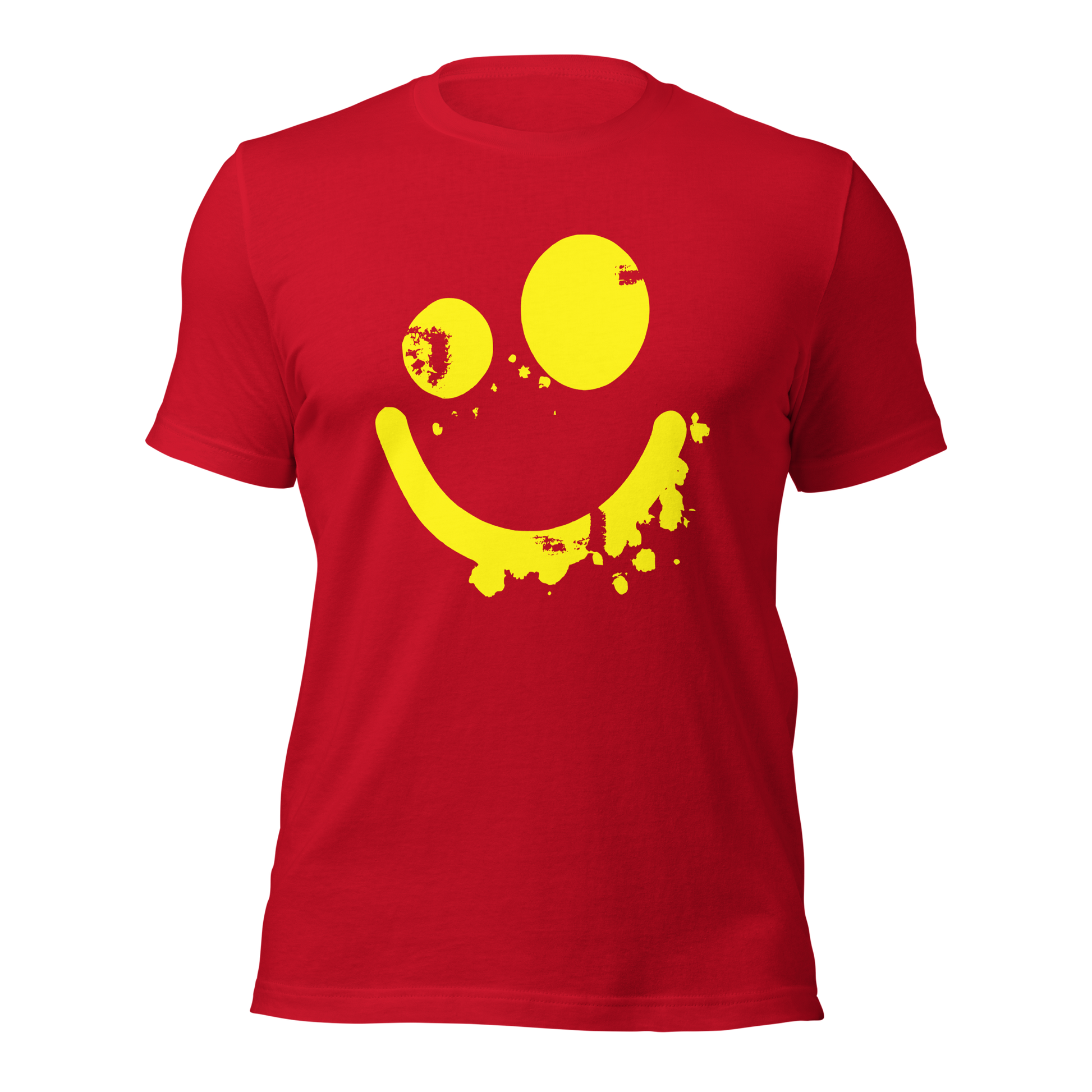 Rotes Unisex T-Shirt mit gelbem minimalistischem Smiley Brustprint