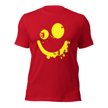 Rotes Unisex T-Shirt mit gelbem minimalistischem Smiley Brustprint