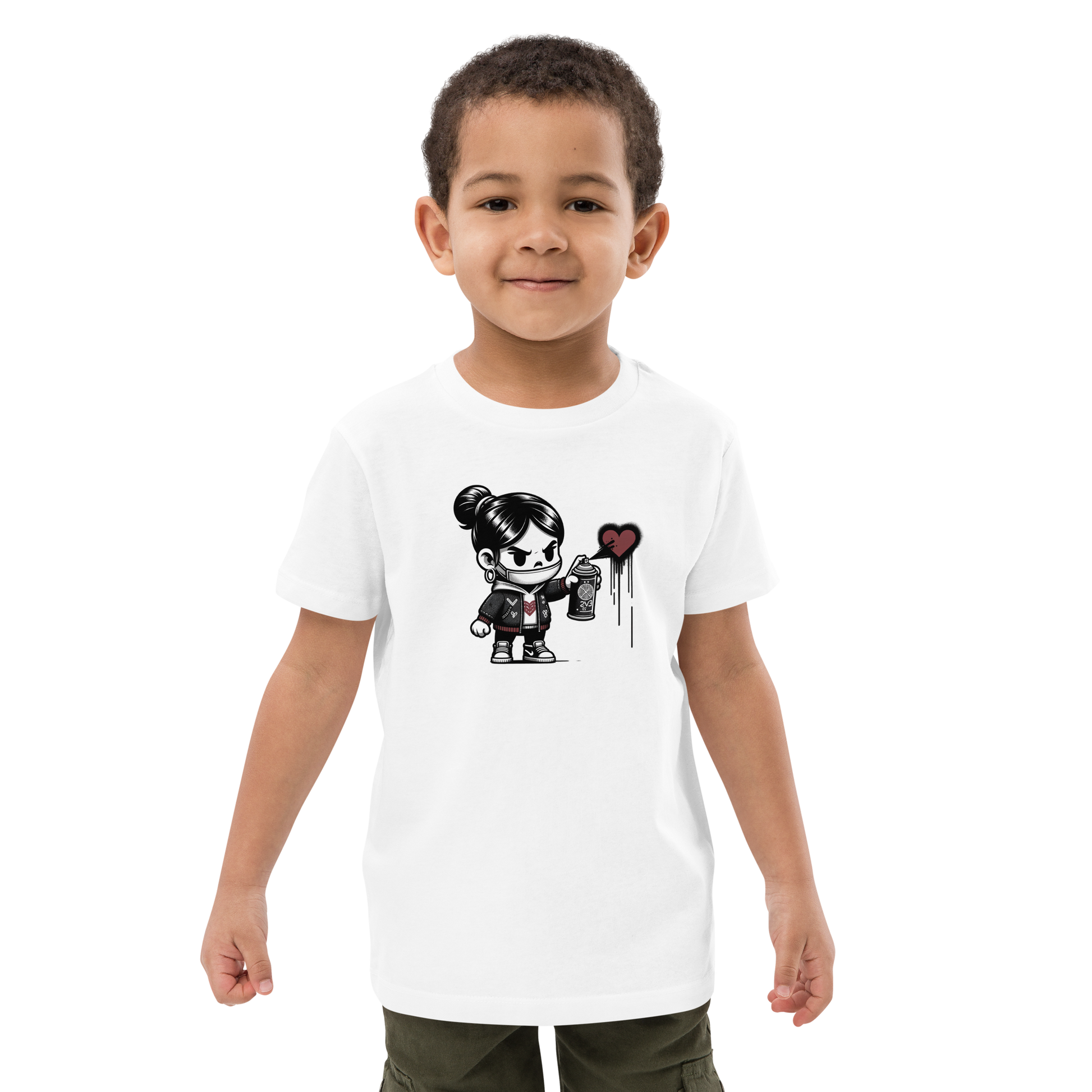 Kleiner Junge trägt weißes T-Shirt mit Mädchen das Graffiti Herz sprüht