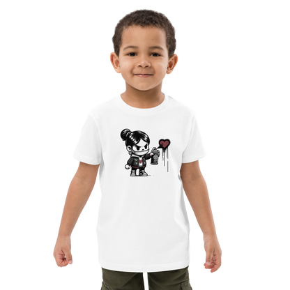 Kleiner Junge trägt weißes T-Shirt mit Mädchen das Graffiti Herz sprüht