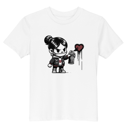 Weißes Kinder T-Shirt mit Mädchen das Graffiti Herz sprüht