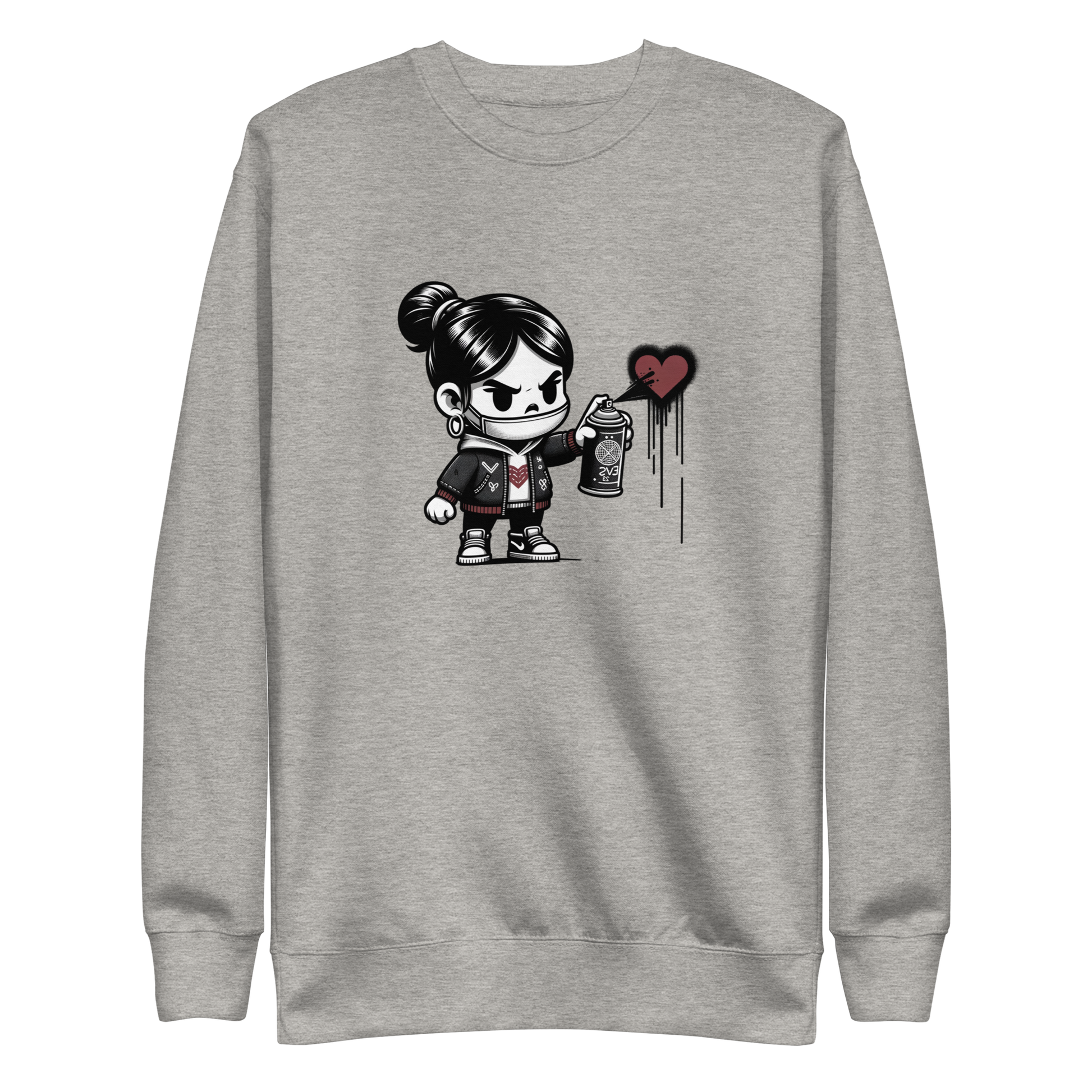 Grauer Pullover mit Mädchen sprüht ein Herz Motiv