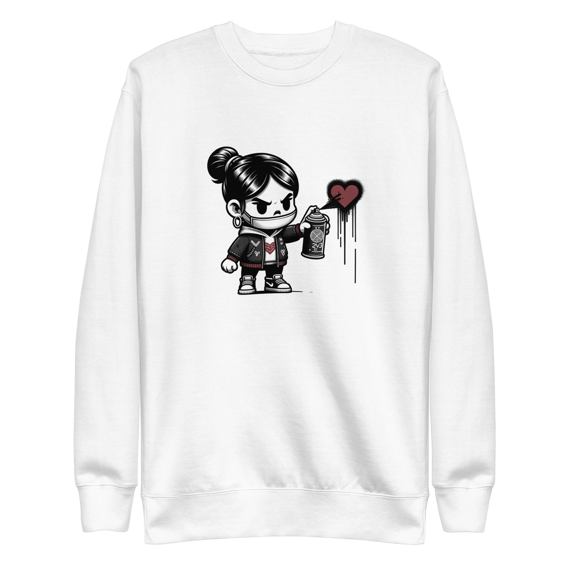 Weißer Pullover mit Mädchen sprüht ein Herz Motiv