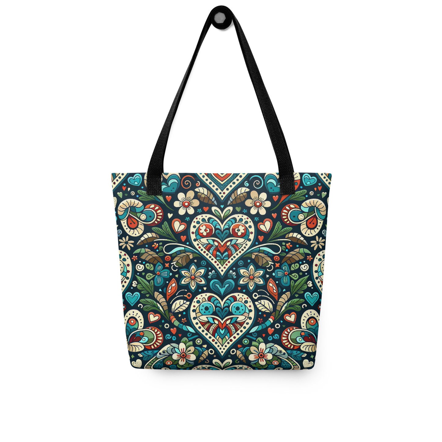 All Over Stoffbeutel mit mystischem Herzen und Blumen Muster bedruckt und schwarzem Henkel