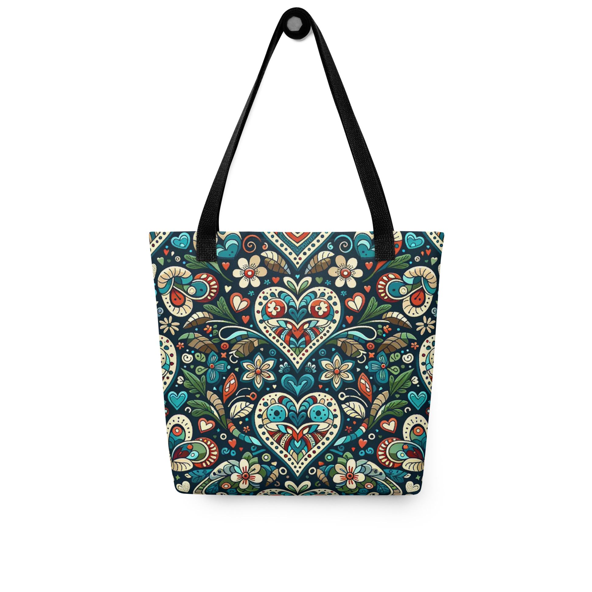 All Over Stoffbeutel mit mystischem Herzen und Blumen Muster bedruckt und schwarzem Henkel