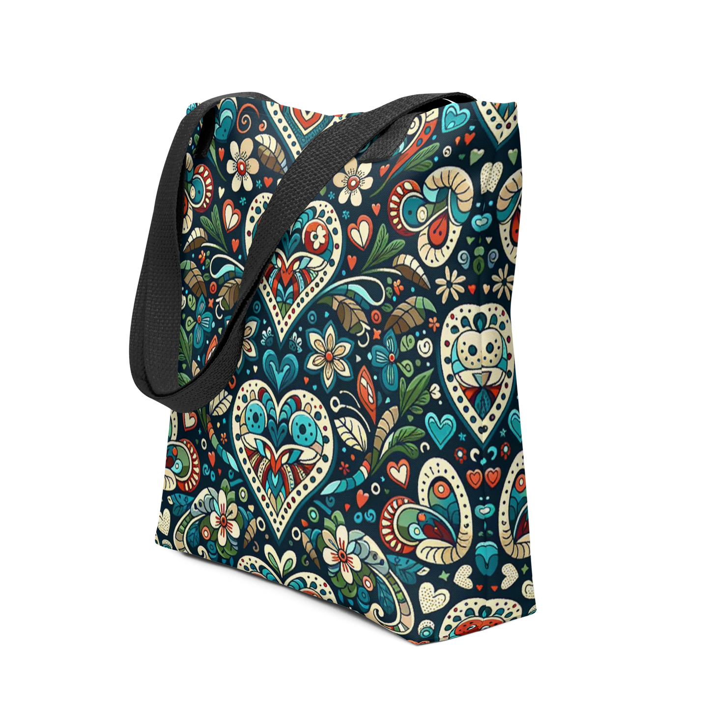 All Over Stoffbeutel mit mystischem Herzen und Blumen Muster bedruckt und schwarzem Henkel Seitenansicht
