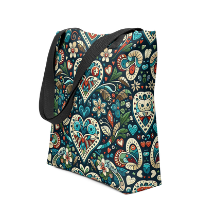 All Over Stoffbeutel mit mystischem Herzen und Blumen Muster bedruckt und schwarzem Henkel Seitenansicht