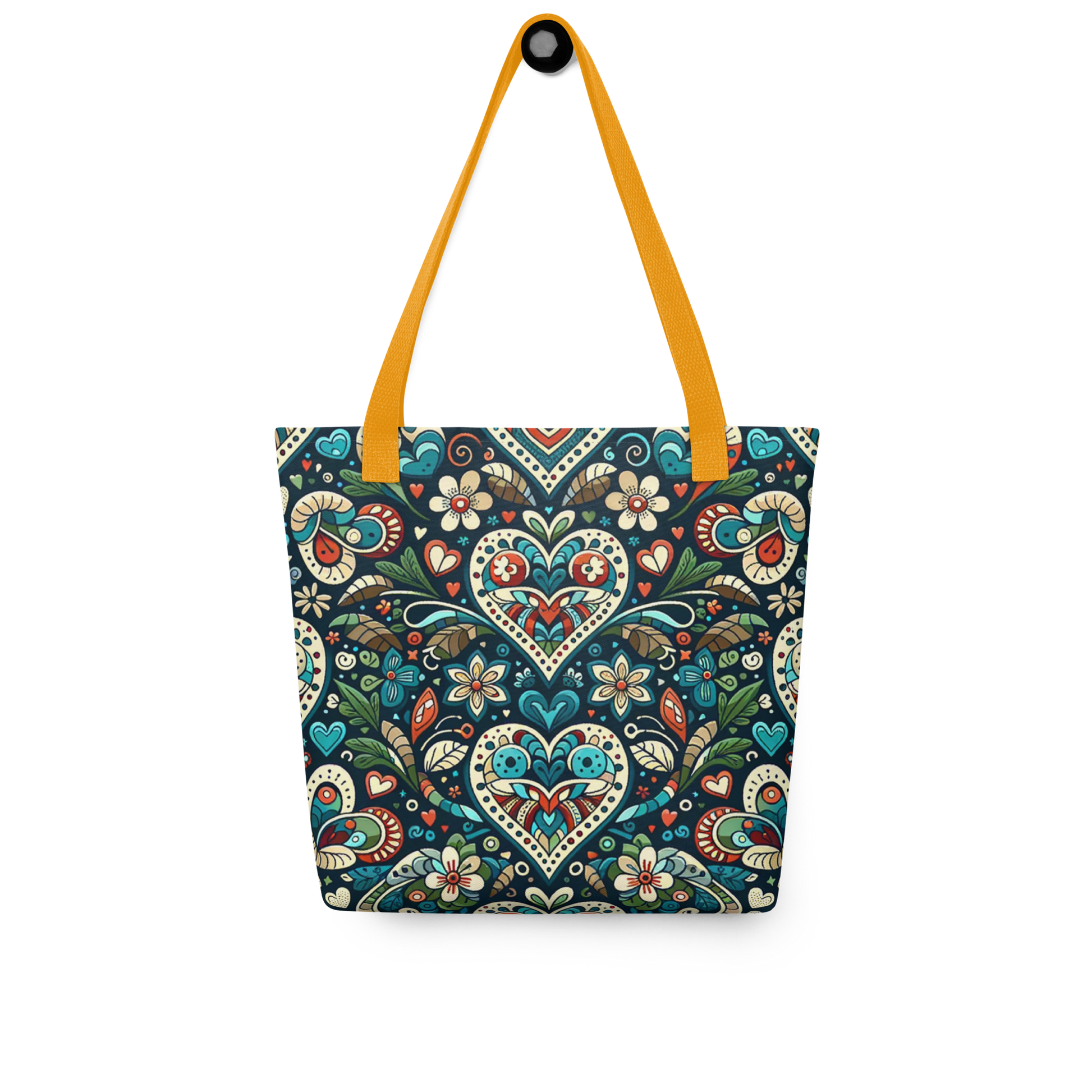All Over Stoffbeutel mit mystischem Herzen und Blumen Muster bedruckt und gelbe Henkel
