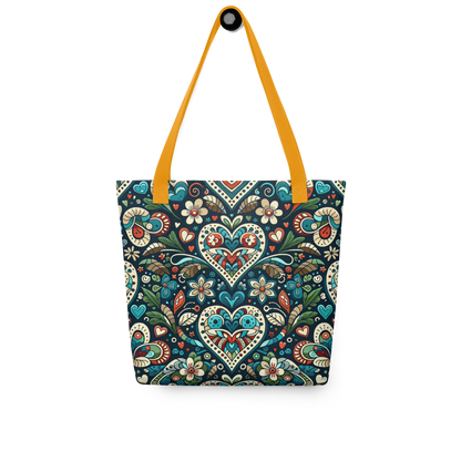 All Over Stoffbeutel mit mystischem Herzen und Blumen Muster bedruckt und gelbe Henkel