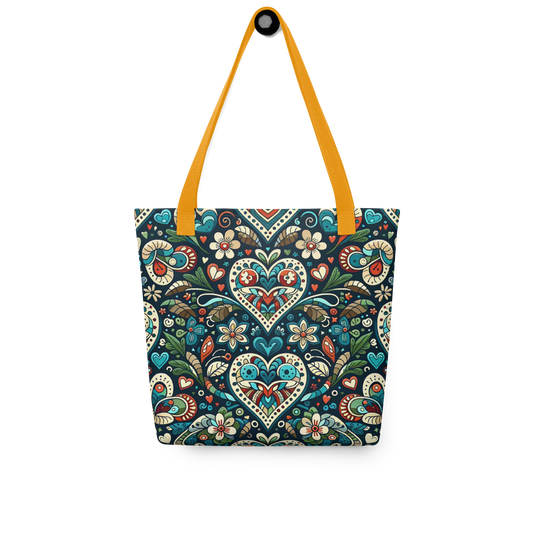 All Over Stoffbeutel mit mystischem Herzen und Blumen Muster bedruckt und gelbe Henkel