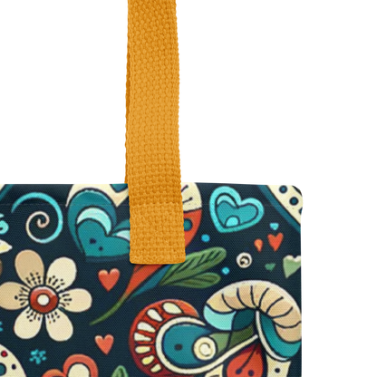 Nahaufnahme All Over Stoffbeutel mit mystischem Herzen und Blumen Muster bedruckt und gelbem Henkel