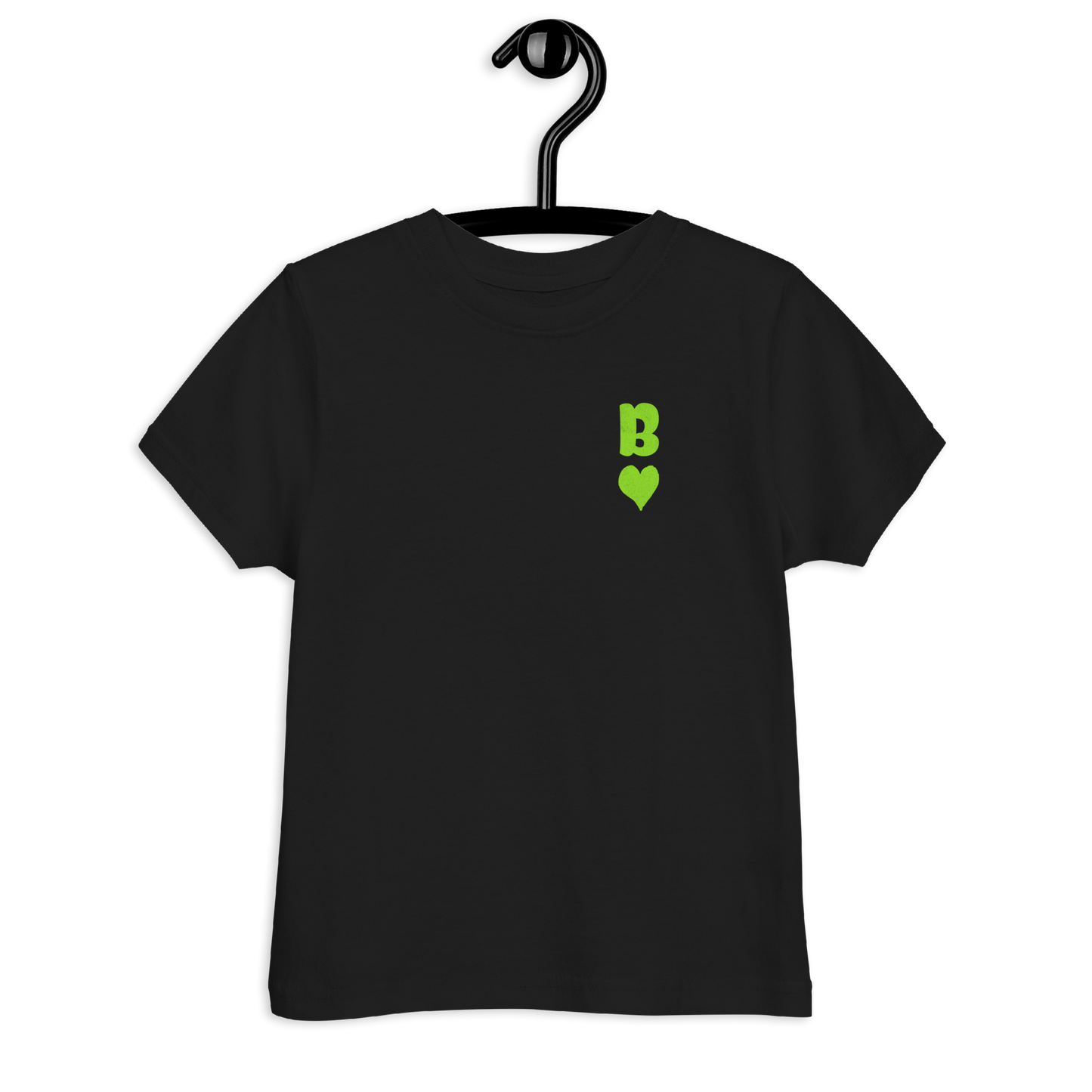 Schwarzes Kinder T-Shirt mit minimalistischem grünem Bube Herz Symbol
