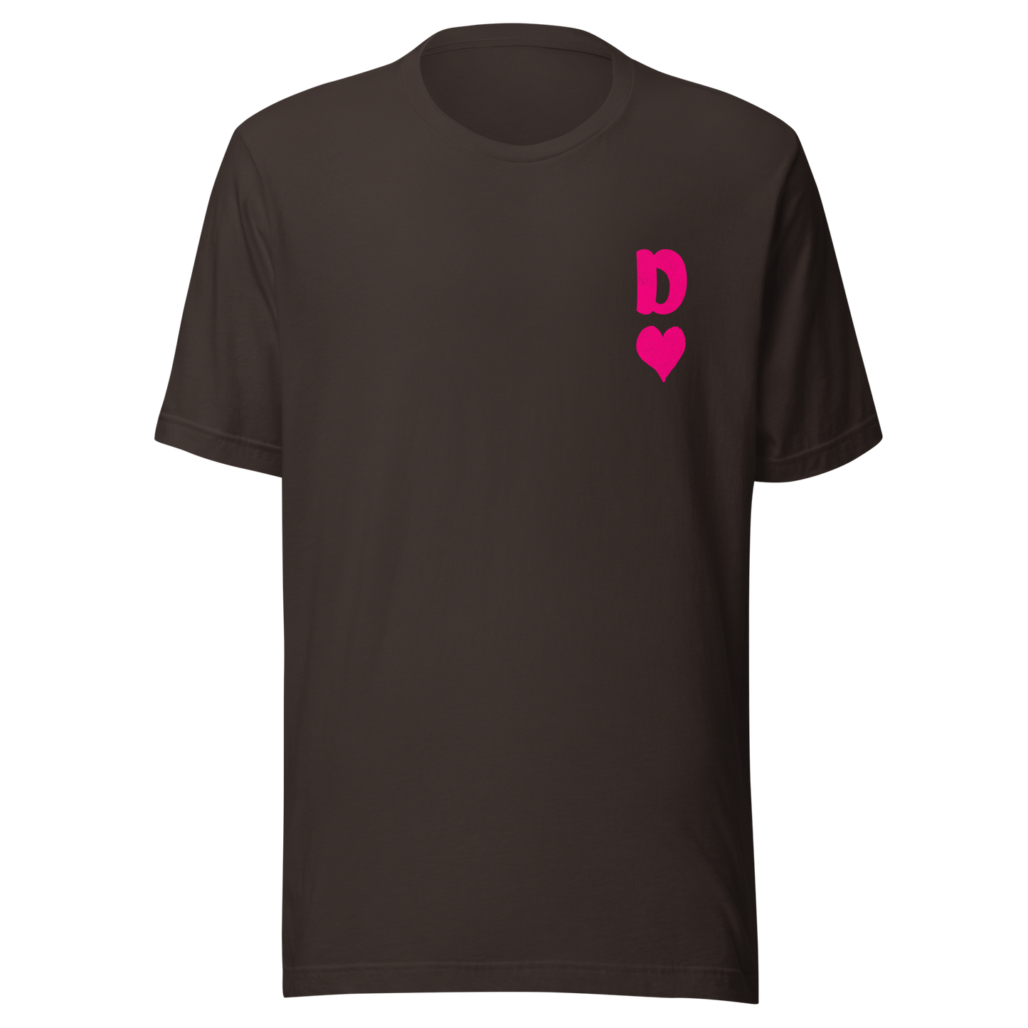 Braunes Partnerlook Unisex T-Shirt mit minimalistischem pinkem Dame Herz Symbol