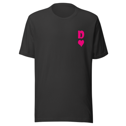 Dunkelgraues Partnerlook Unisex T-Shirt mit minimalistischem pinkem Dame Herz Symbol