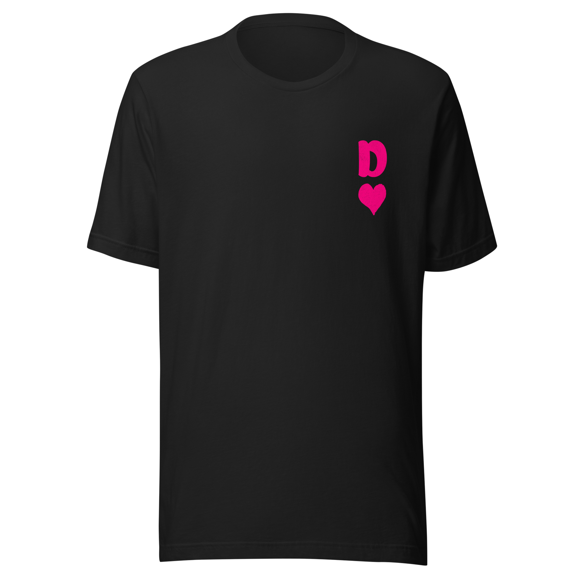 Vintage schwarzes Partnerlook Unisex T-Shirt mit minimalistischem pinkem Dame Herz Symbol