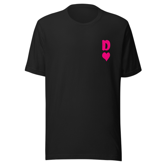 Vintage schwarzes Partnerlook Unisex T-Shirt mit minimalistischem pinkem Dame Herz Symbol