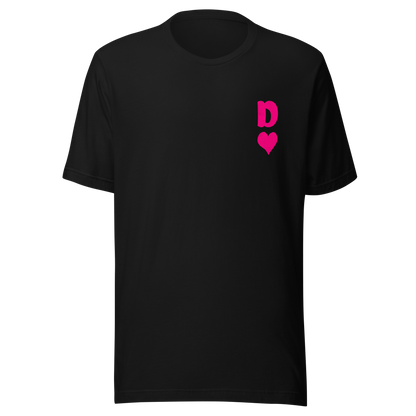 Schwarzes Partnerlook Unisex T-Shirt mit minimalistischem pinkem Dame Herz Symbol