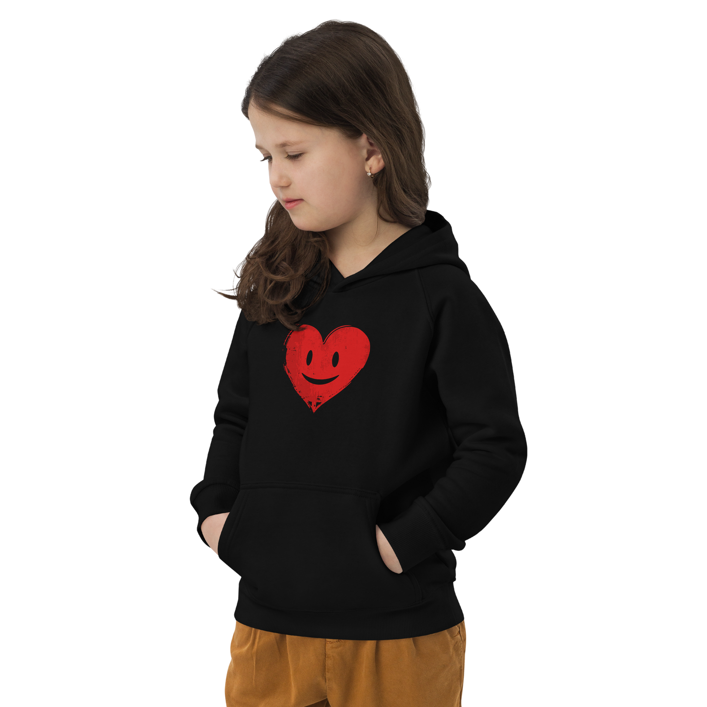 Mädchen trägt schwarzen Kinder Hoodie mit rotem lachenden Herz Brustprint