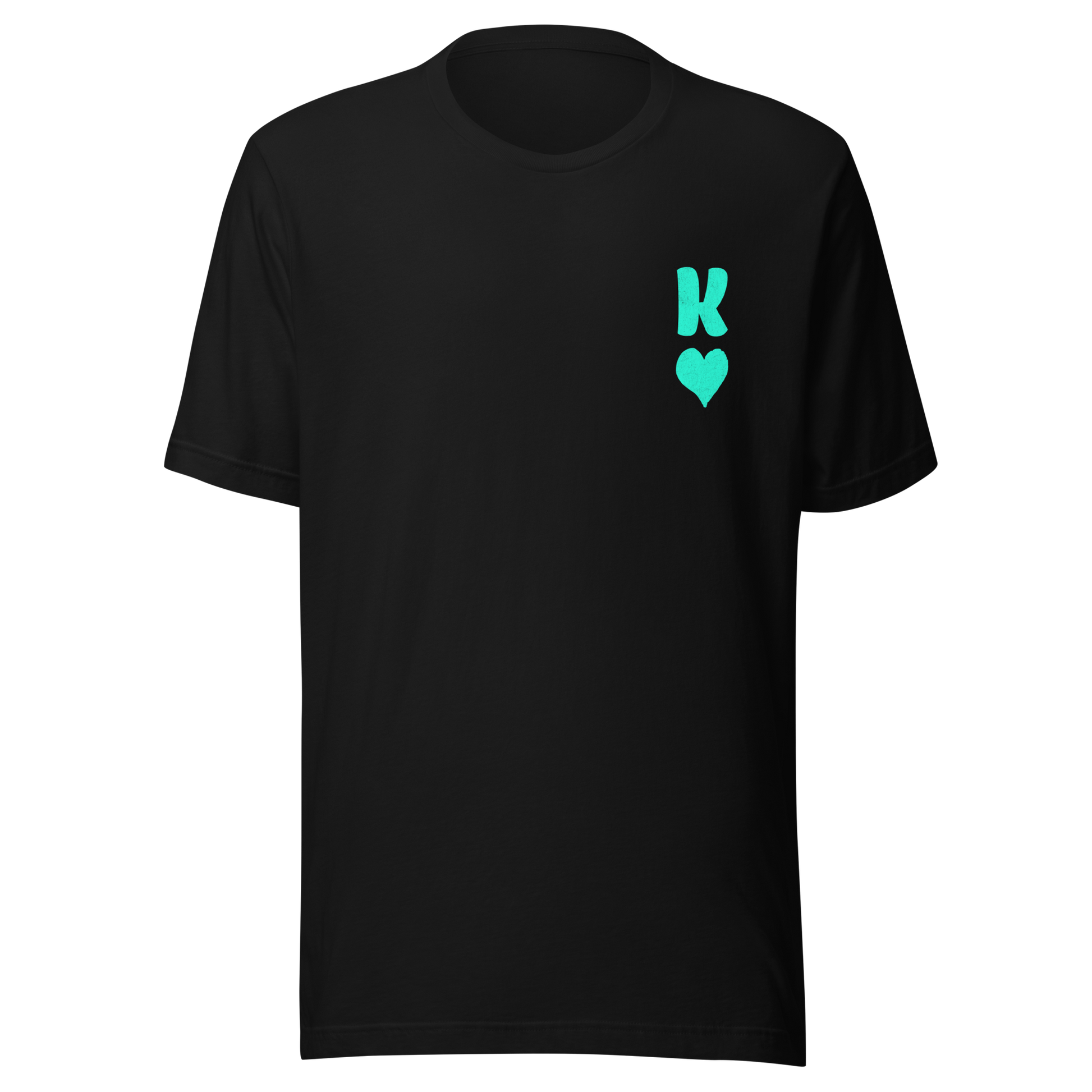 Schwarzes Partnerlook Unisex T-Shirt mit minimalistischem türkisem König Herz Symbol