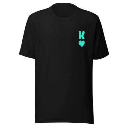 Schwarzes Partnerlook Unisex T-Shirt mit minimalistischem türkisem König Herz Symbol