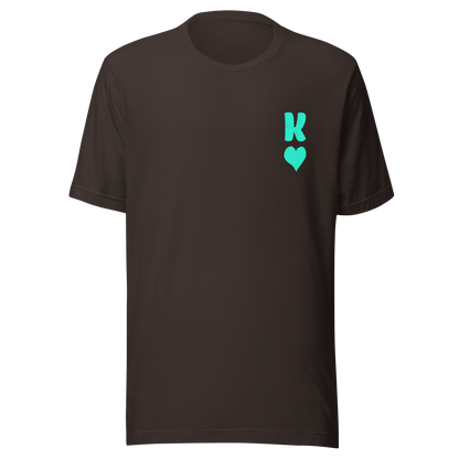 Braunes Partnerlook Unisex T-Shirt mit minimalistischem türkisem König Herz Symbol