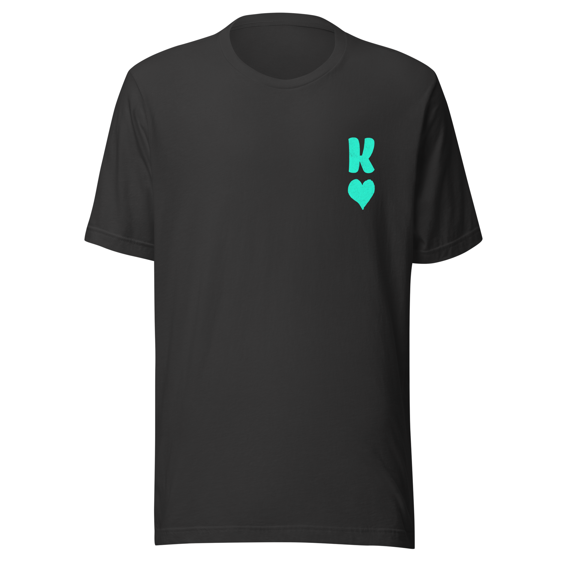 Dunkelgraues Partnerlook Unisex T-Shirt mit minimalistischem türkisem König Herz Symbol