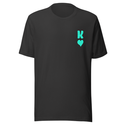 Dunkelgraues Partnerlook Unisex T-Shirt mit minimalistischem türkisem König Herz Symbol