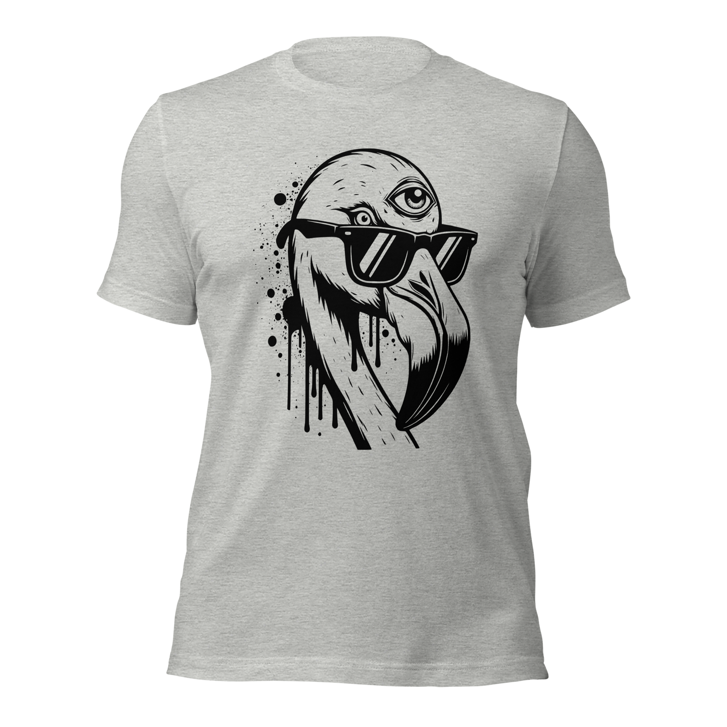 Graues Unisex T-Shirt mit Flamingo mit Sonnenbrille und drittem Auge als Graffiti Print