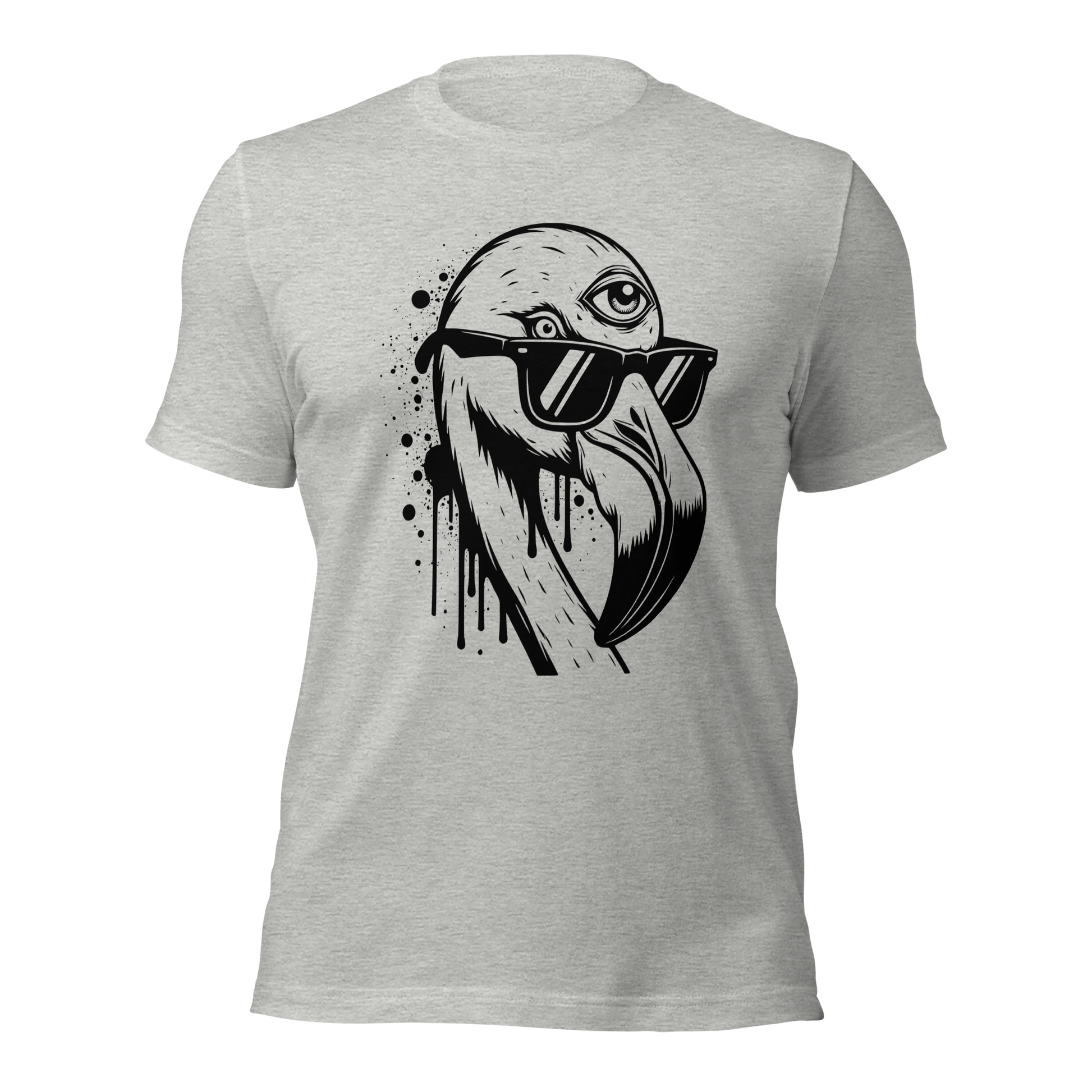 Graues Unisex T-Shirt mit Flamingo mit Sonnenbrille und drittem Auge als Graffiti Print