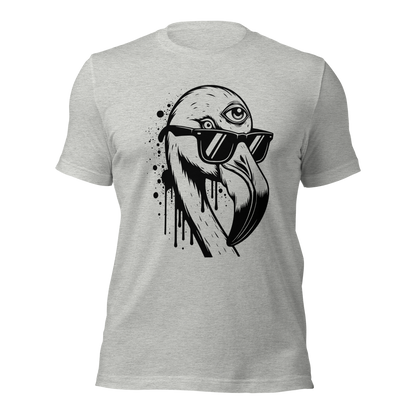 Graues Unisex T-Shirt mit Flamingo mit Sonnenbrille und drittem Auge als Graffiti Print