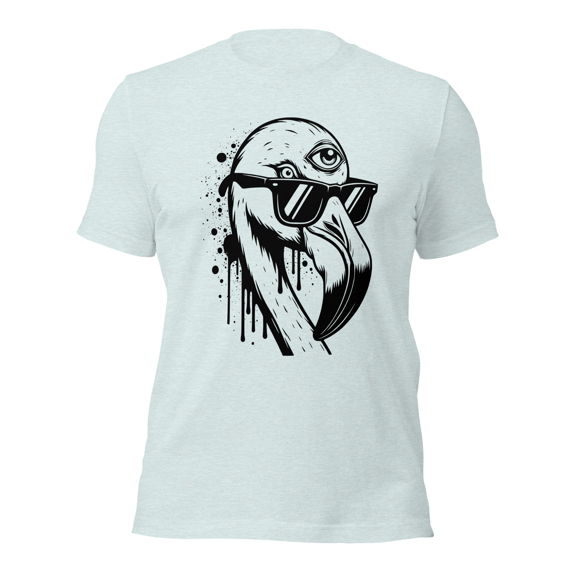 Eis blaues Unisex T-Shirt mit Flamingo mit Sonnenbrille und drittem Auge als Graffiti Print