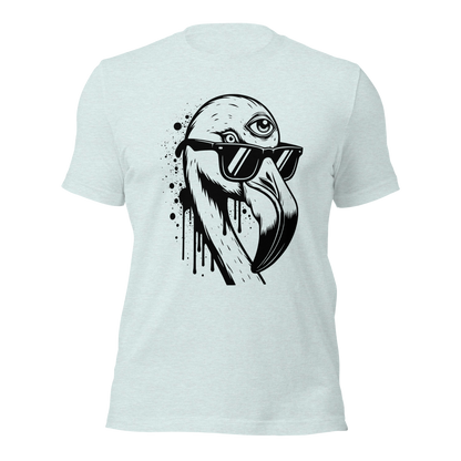 Eis blaues Unisex T-Shirt mit Flamingo mit Sonnenbrille und drittem Auge als Graffiti Print