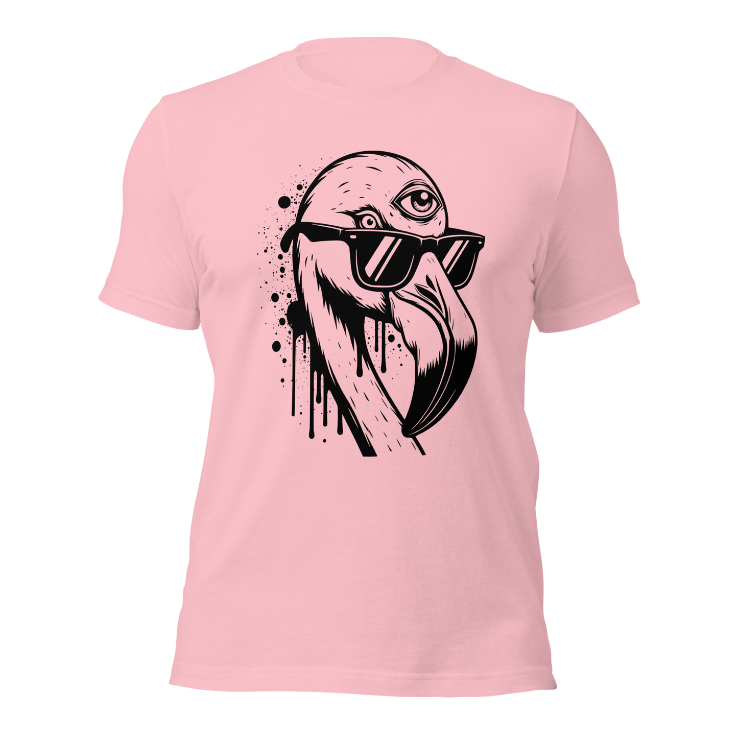 Pinkes Unisex T-Shirt mit Flamingo mit Sonnenbrille und drittem Auge als Graffiti Print