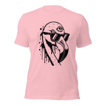 Pinkes Unisex T-Shirt mit Flamingo mit Sonnenbrille und drittem Auge als Graffiti Print
