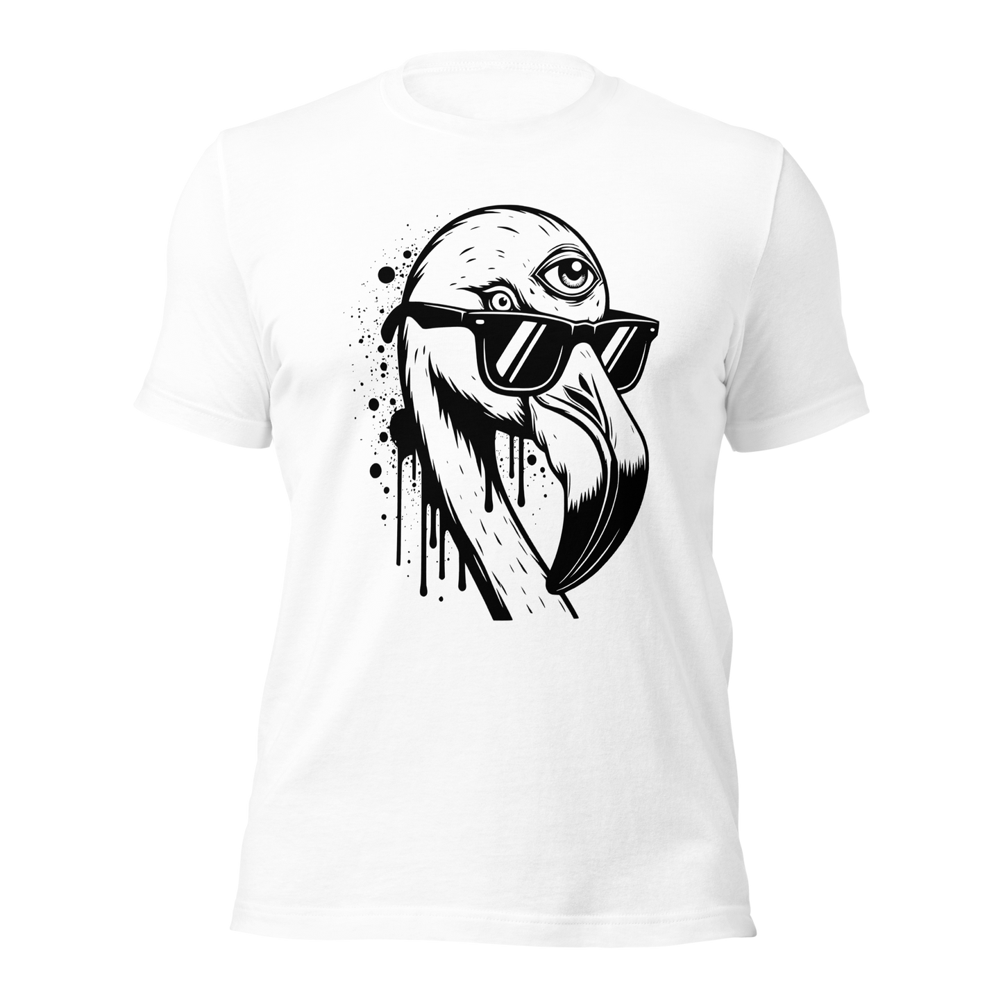 Weißes Unisex T-Shirt mit Flamingo mit Sonnenbrille und drittem Auge als Graffiti Print