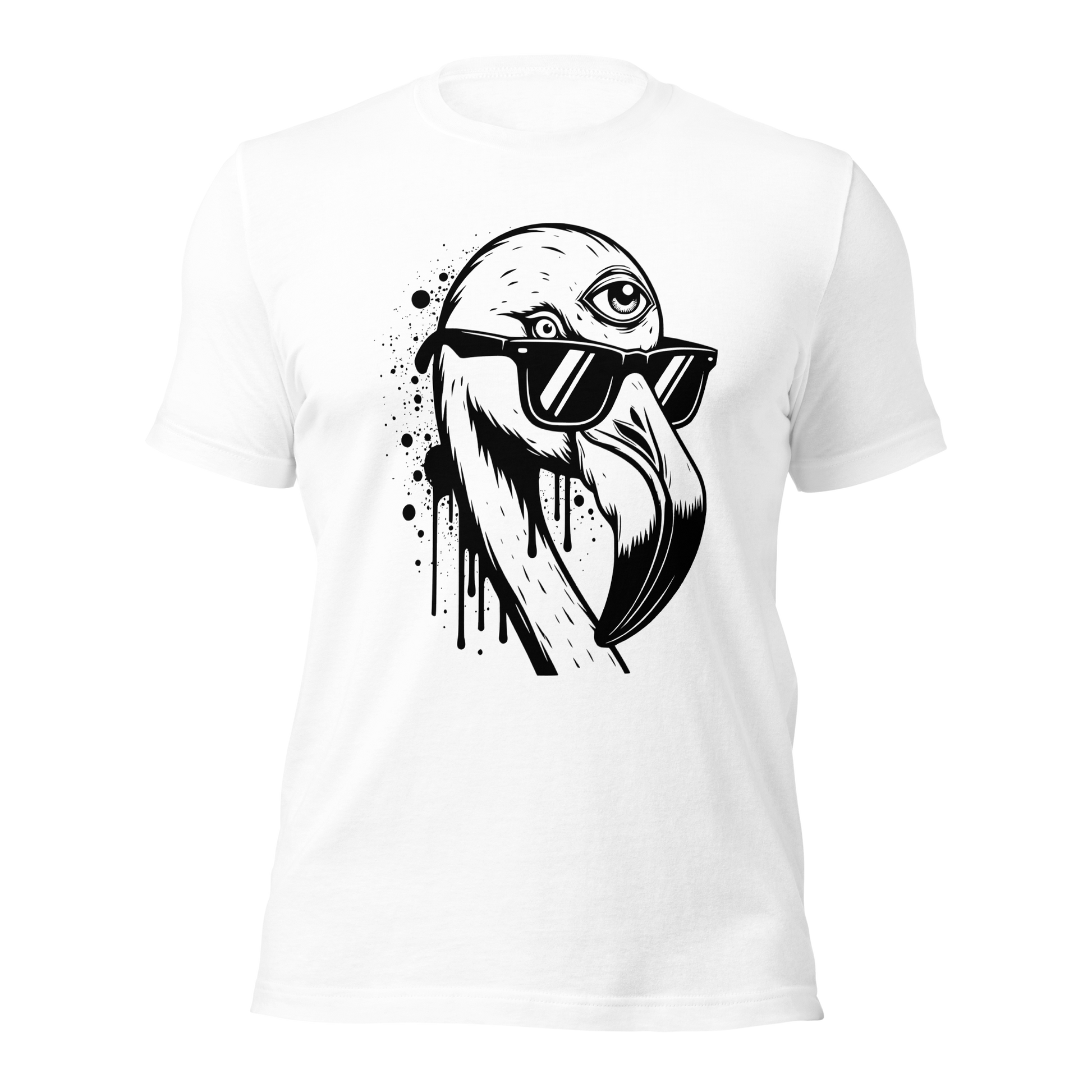 Weißes Unisex T-Shirt mit Flamingo mit Sonnenbrille und drittem Auge als Graffiti Print