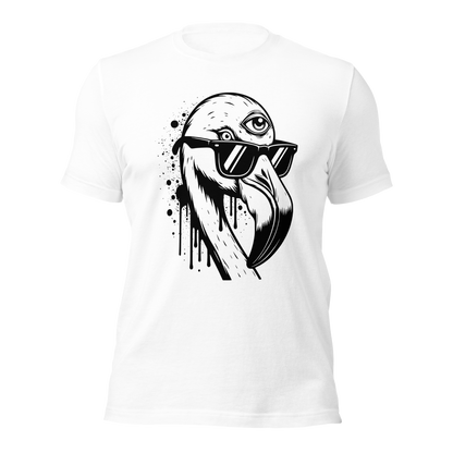 Weißes Unisex T-Shirt mit Flamingo mit Sonnenbrille und drittem Auge als Graffiti Print