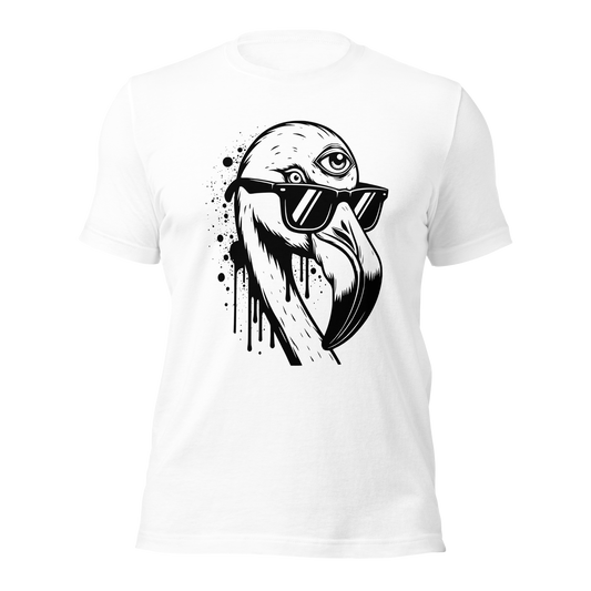 Weißes Unisex T-Shirt mit Flamingo mit Sonnenbrille und drittem Auge als Graffiti Print